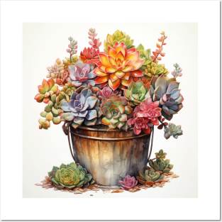 Succulent Bucket Watercolour Artwork Posters and Art